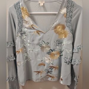 Elegant Floral Embroidered V-Neck Blouse